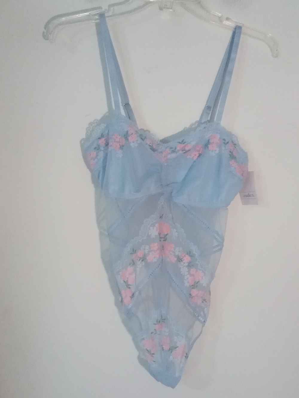 * Auden Sheer Light Blue Floral Lace Teddy Bodysuit NWT $25